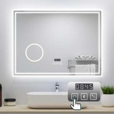Miroir de Salle de Bain avec Eclairage LED 80x60cm avec Bluetooth,anti-buée, horloge numérique,loupe 3x