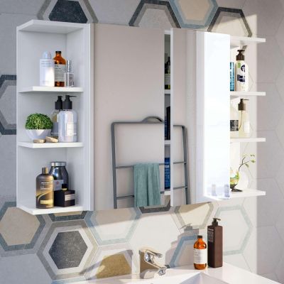 Miroir de salle de bain avec rangements 2 portes en blanc brillant, 65 x 60 x 21 cm