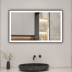 Miroir de salle de bain LED 100x60cm avec cadre noir, 3 couleurs + anti-buée + mémoire + gradation infinie, AICA SANITAIRE