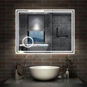 Miroir de salle de bain LED 100x60cm Tricolor anti-buée avec bluetooth simple, horloge et miroir grossissant 3x, AICA SANITAIRE