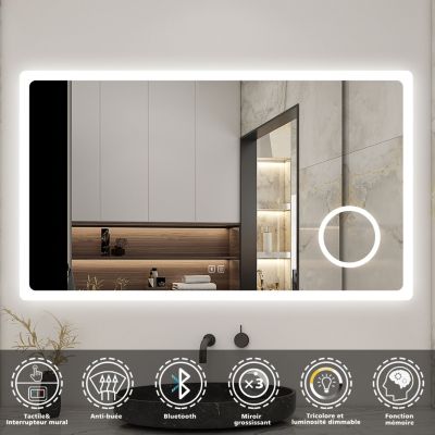 Miroir de salle de bain LED 120x70cm tricolor anti-buée avec bluetooth et loupe 3x,mémoire et lumière gradation, AICA SANITAIRE