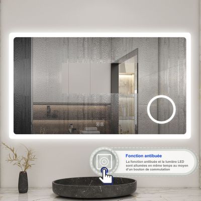 Miroir de salle de bain LED 120x70cm tricolor anti-buée avec bluetooth et loupe 3x,mémoire et lumière gradation, AICA SANITAIRE