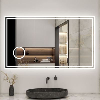 Miroir de salle de bain LED 120x70cm Tricolor anti-buée avec bluetooth simple, horloge et miroir grossissant 3x, AICA SANITAIRE