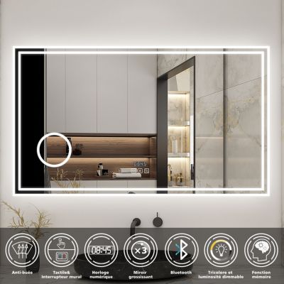 Miroir de salle de bain LED 120x70cm Tricolor anti-buée avec bluetooth simple, horloge et miroir grossissant 3x, AICA SANITAIRE