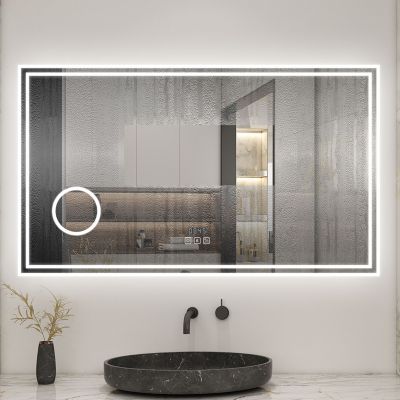 Miroir de salle de bain LED 120x70cm Tricolor anti-buée avec bluetooth simple, horloge et miroir grossissant 3x, AICA SANITAIRE