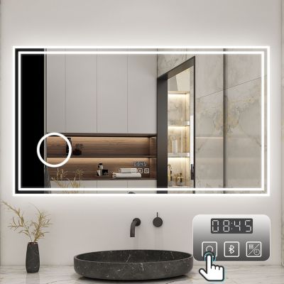 Miroir de salle de bain LED 120x70cm Tricolor anti-buée avec bluetooth simple, horloge et miroir grossissant 3x, AICA SANITAIRE