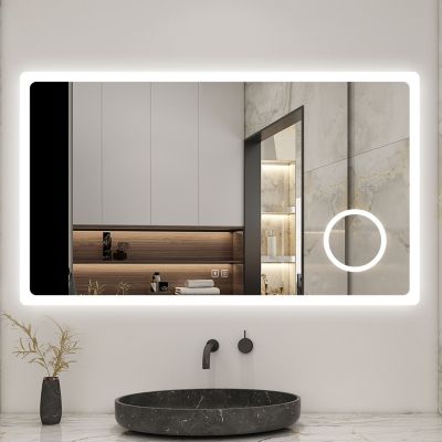 Miroir de salle de bain LED 140x80cm tricolor anti-buée avec bluetooth et miroir grossissant 3x,mémoire, AICA SANITAIRE