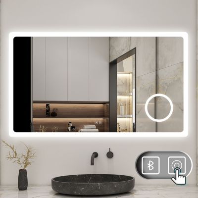 Miroir de salle de bain LED 140x80cm tricolor anti-buée avec bluetooth et miroir grossissant 3x,mémoire, AICA SANITAIRE