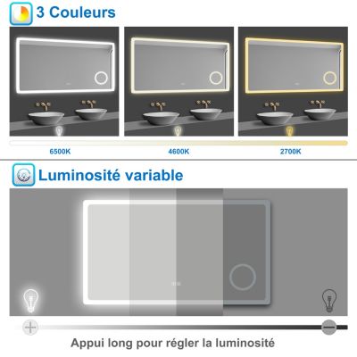 Miroir de salle de bain LED 140x80cm tricolor anti-buée avec bluetooth et miroir grossissant 3x,mémoire, AICA SANITAIRE