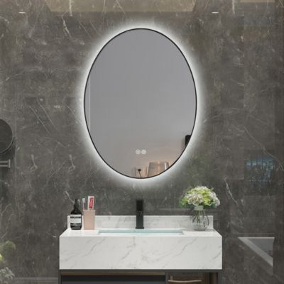 Miroir de salle de bain LED 50x70cm ovale anti buée avec cadre en aluminium noir LuxuryBain