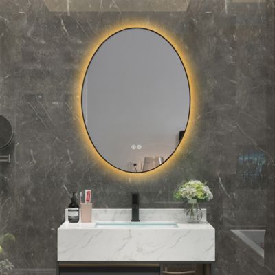 Miroir de salle de bain LED 50x70cm ovale anti buée avec cadre en aluminium noir LuxuryBain