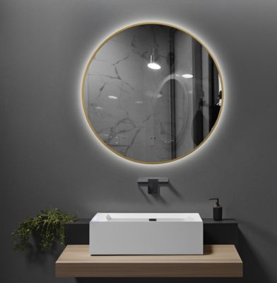 Miroir de salle de bain LED 60cm rond à luminosité variable avec cadre en aluminium doré, or et touche sensitive LuxuryBain