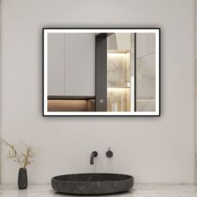 Miroir de salle de bain LED 70x50cm avec cadre noir, 3 couleurs + anti-buée + mémoire + gradation infinie, AICA SANITAIRE