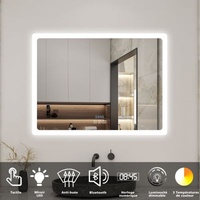 AICA Miroir Salle de Bain 100 x 60cm, Bluetooth + 3 Couleurs + dimmable + Horloge + Anti-buée + mémoire, Miroir Lumineux Mural
