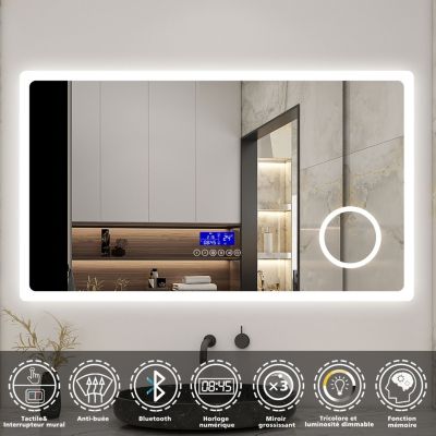 Miroir de salle de bain led bluetooth, 140x80cm Anti-buée, 3x Loupe, 3 couleurs de lumière, AICA SANITAIRE
