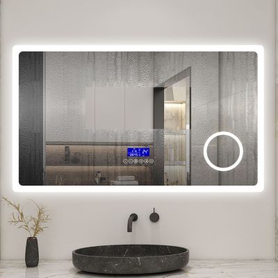 Miroir de salle de bain led bluetooth, 80x60cm Anti-buée, 3x Loupe, 3 couleurs de lumière, AICA SANITAIRE