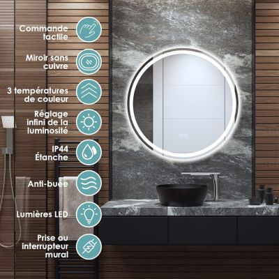 Miroir Rond éclairé LED 50 Cm - 3 Lumières (naturelle, Blanche, Chaude) - Pour Maquillage, Salle De Bain, Salon - Cadre Noir - 9