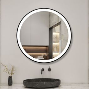 Miroir de salle de bain LED rond 70 cm avec cadre noir, tricolore + anti-buée + mémoire + gradation infinie, AICA SANITAIRE