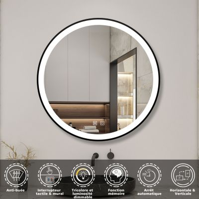 Miroir de salle de bain LED rond 70 cm avec cadre noir, tricolore + anti-buée + mémoire + gradation infinie, AICA SANITAIRE