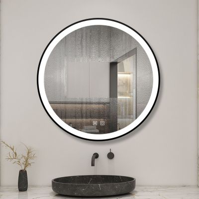 Miroir de salle de bain LED rond 70 cm avec cadre noir, tricolore + anti-buée + mémoire + gradation infinie, AICA SANITAIRE