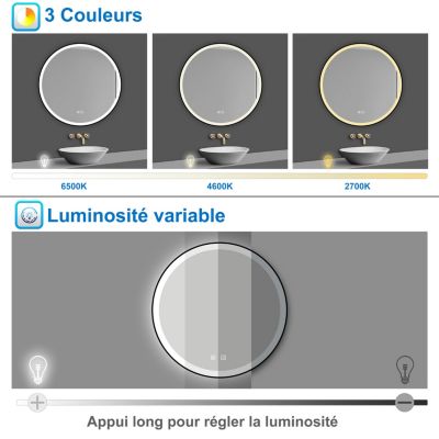 Miroir de salle de bain LED rond 70 cm avec cadre noir, tricolore + anti-buée + mémoire + gradation infinie, AICA SANITAIRE