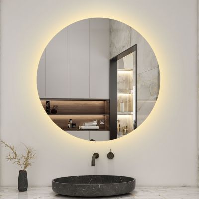 Miroir de salle de bain LED rond 70 cm avec rétro-éclairage, tricolore + anti-buée + mémoire + gradation infinie, AICA SANITAIRE