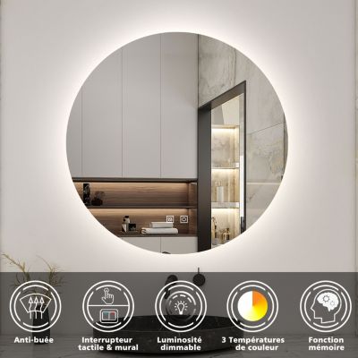 Miroir de salle de bain LED rond 70 cm avec rétro-éclairage, tricolore + anti-buée + mémoire + gradation infinie, AICA SANITAIRE