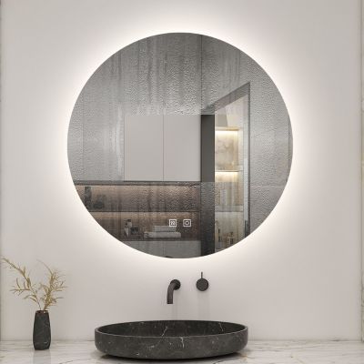 Miroir de salle de bain LED rond 70 cm avec rétro-éclairage, tricolore + anti-buée + mémoire + gradation infinie, AICA SANITAIRE