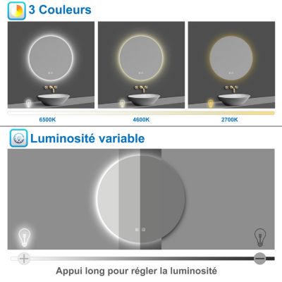 Miroir de salle de bain LED rond 70 cm avec rétro-éclairage, tricolore + anti-buée + mémoire + gradation infinie, AICA SANITAIRE