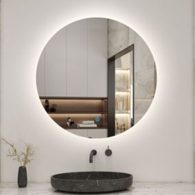 Miroir de salle de bain LED rond 90 cm avec rétro-éclairage sans cadre, anti-buée + mémoire + dimmable, AICA SANITAIRE