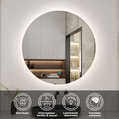 Miroir de salle de bain LED rond 90 cm avec rétro-éclairage sans cadre, anti-buée + mémoire + dimmable, AICA SANITAIRE