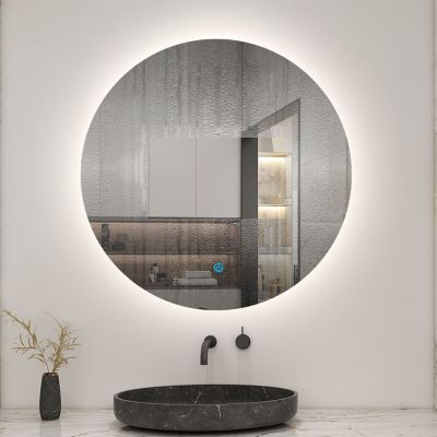 Miroir de salle de bain LED rond 90 cm avec rétro-éclairage sans cadre, anti-buée + mémoire + dimmable, AICA SANITAIRE