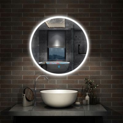 Miroir de salle de bain LED rond de 70cm, dimmable + mémoire + antibuée, avec interrupteur tactile, blanc, AICA SANITAIRE