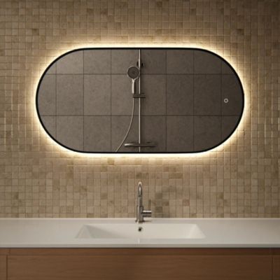 Miroir de salle de bain ovale chauffant et éclairé par LED 100x50cm avec cadre noir