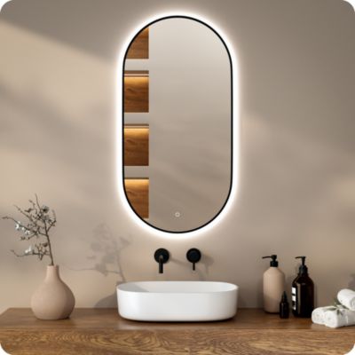 Miroir de salle de bain ovale chauffant et éclairé par LED 100x50cm avec cadre noir
