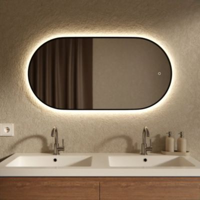 Miroir de salle de bain ovale chauffant et éclairé par LED 100x50cm avec cadre noir