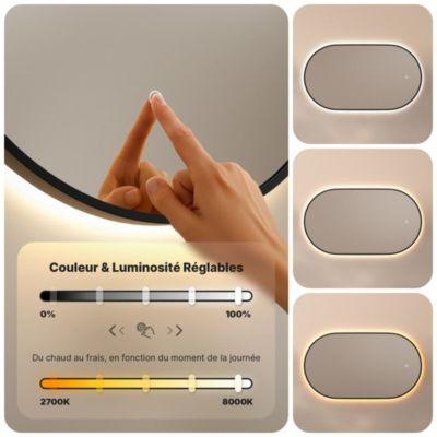 Miroir de salle de bain ovale chauffant et éclairé par LED 100x50cm avec cadre noir