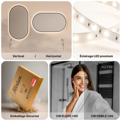 Miroir de salle de bain ovale chauffant et éclairé par LED 100x50cm avec cadre noir