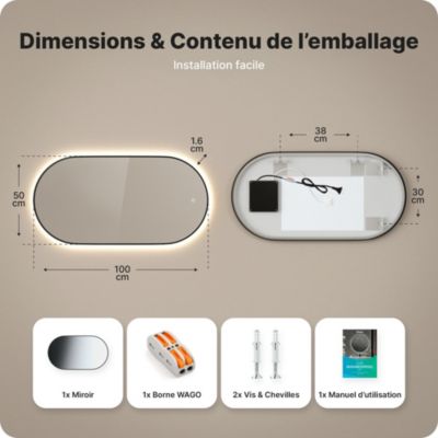 Miroir de salle de bain ovale chauffant et éclairé par LED 100x50cm avec cadre noir
