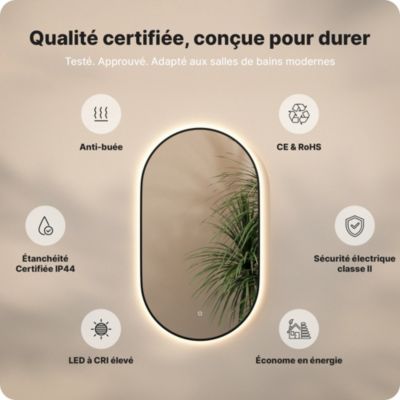 Miroir de salle de bain ovale chauffant et éclairé par LED 100x50cm avec cadre noir