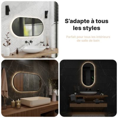 Miroir de salle de bain ovale chauffant et éclairé par LED 100x50cm avec cadre noir