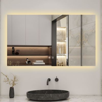 Miroir de salle de bain rétro-éclairé sans cadre 100x60cm, Tricolore + Anti-buée + Mémoire + Dimmable, AICA SANITAIRE