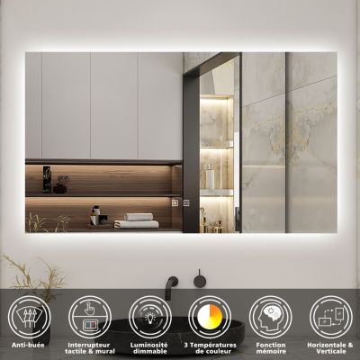 Miroir de salle de bain rétro-éclairé sans cadre 100x60cm, Tricolore + Anti-buée + Mémoire + Dimmable, AICA SANITAIRE