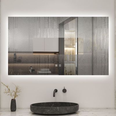 Miroir de salle de bain rétro-éclairé sans cadre 100x60cm, Tricolore + Anti-buée + Mémoire + Dimmable, AICA SANITAIRE