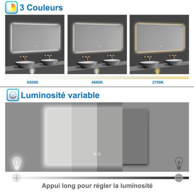 Miroir de salle de bain rétro-éclairé sans cadre 100x60cm, Tricolore + Anti-buée + Mémoire + Dimmable, AICA SANITAIRE