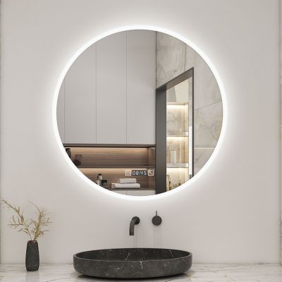Miroir de salle de bain rond 60x60cm avec Horloge, LED, Tricolore, Anti-Buée, AICA SANITAIRE