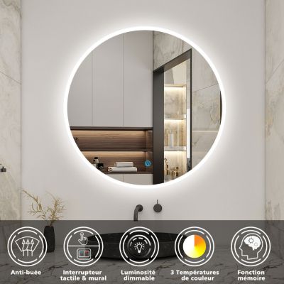Miroir de salle de bain rond 60x60cm LED tricolore anti-buée + mémoire + dimmable, AICA SANITAIRE