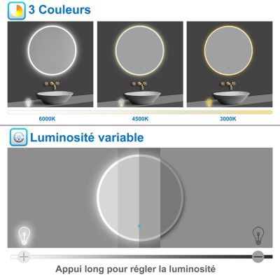 Miroir de salle de bain rond 60x60cm LED tricolore anti-buée + mémoire + dimmable, AICA SANITAIRE
