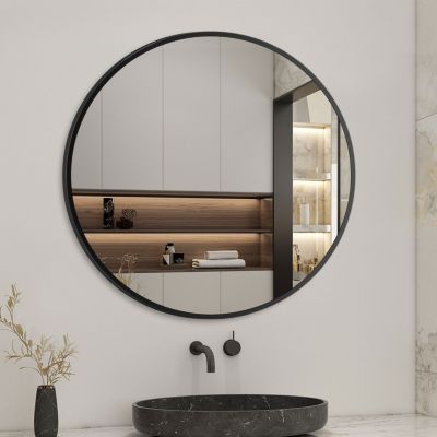 Miroir Mural Rond 24 Pouces – Nickel Brossé, Trempé, Pour Salle De Bain, Design Moderne (neuf)