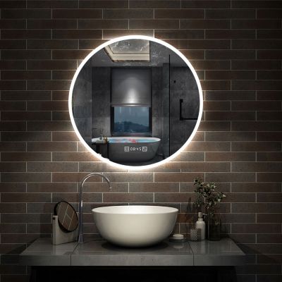 Miroir de salle de bain rond 80x80cm avec Horloge, LED, Tricolore, Anti-Buée, AICA SANITAIRE